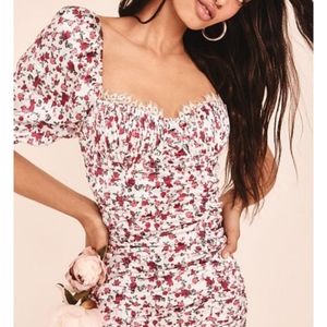 For Love And Lemons Melrose Rose Floral Printed Puff Sleeve Mini Dress